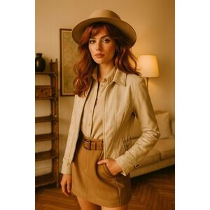 Vintage 90s Y2K Luxor Buenos Aires Genuine‎ Leather Jacket XL Beige Satin Lined